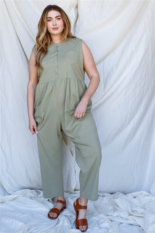 Women's Plus Cotton Front Button Up Detail Sleeveless Jumpsuit