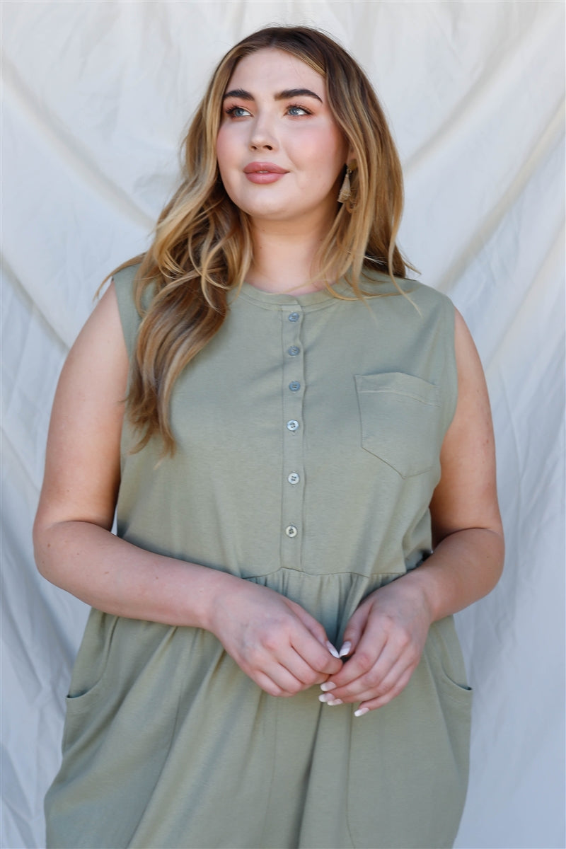 Women's Plus Cotton Front Button Up Detail Sleeveless Jumpsuit