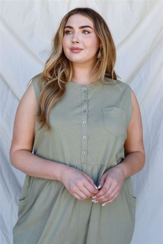 Women's Plus Cotton Front Button Up Detail Sleeveless Jumpsuit