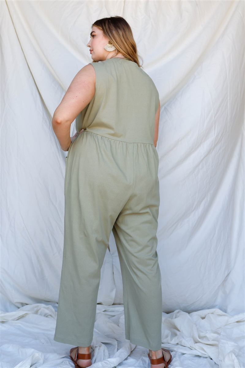 Women's Plus Cotton Front Button Up Detail Sleeveless Jumpsuit