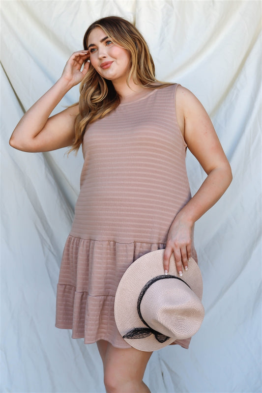 Women's Plus Apricot Textured Ruffle Hem Open Back With Self-tie Mini Dress
