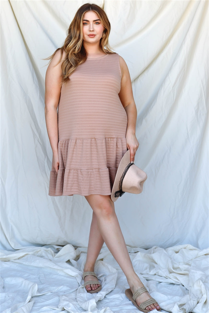 Women's Plus Apricot Textured Ruffle Hem Open Back With Self-tie Mini Dress