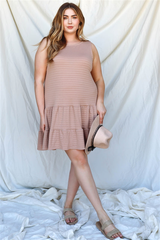 Women's Plus Apricot Textured Ruffle Hem Open Back With Self-tie Mini Dress