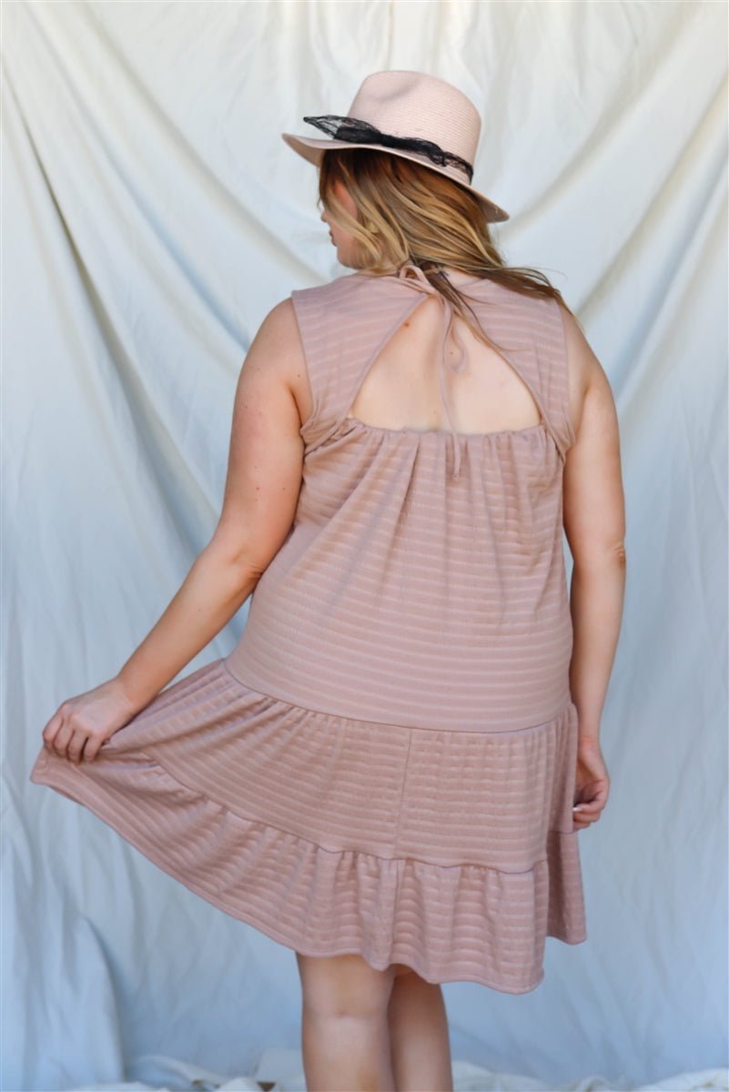 Women's Plus Apricot Textured Ruffle Hem Open Back With Self-tie Mini Dress