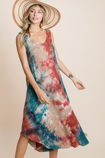 Women's Tie Dye Ribbed Brush Sleeveless Flowy Asymmetrical Hem Midi Dress