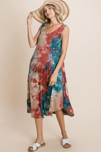 Women's Tie Dye Ribbed Brush Sleeveless Flowy Asymmetrical Hem Midi Dress