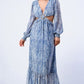 Women's Printed V Neck Self Belted Side Cut Out Ruffled Maxi Dress