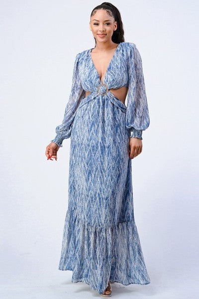 Women's Printed V Neck Self Belted Side Cut Out Ruffled Maxi Dress