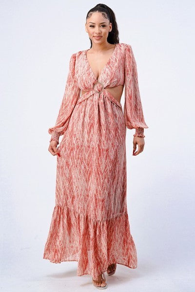 Women's Printed V Neck Self Belted Side Cut Out Ruffled Maxi Dress