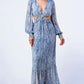 Women's Printed V Neck Self Belted Side Cut Out Ruffled Maxi Dress
