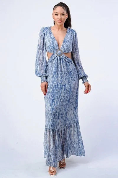 Women's Printed V Neck Self Belted Side Cut Out Ruffled Maxi Dress