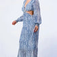 Women's Printed V Neck Self Belted Side Cut Out Ruffled Maxi Dress