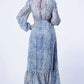 Women's Printed V Neck Self Belted Side Cut Out Ruffled Maxi Dress