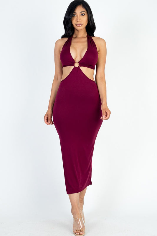 Women's Women's Cut-out Halter Neck Double Back Tie Split Thigh Midi Dress
