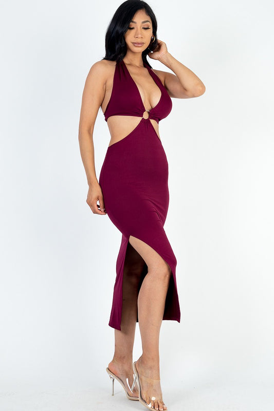 Women's Women's Cut-out Halter Neck Double Back Tie Split Thigh Midi Dress