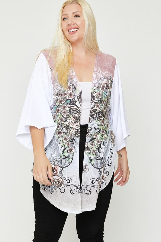 Women's Plus Floral Wings Sublimation Print Long Body Cardigan