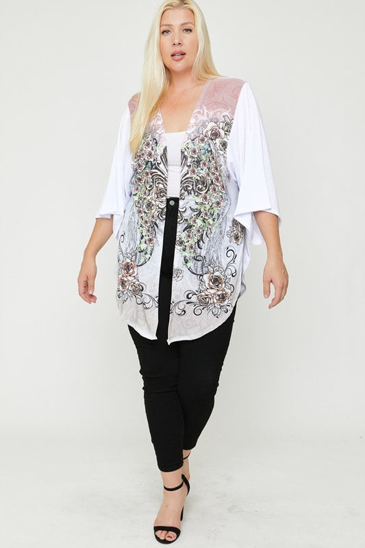 Women's Plus Floral Wings Sublimation Print Long Body Cardigan