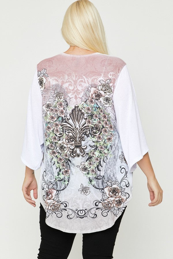 Women's Plus Floral Wings Sublimation Print Long Body Cardigan