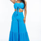 Women's Solid Tie Front Spaghetti Strap Tank Top And Tiered Wide Leg Pants Two Piece Set