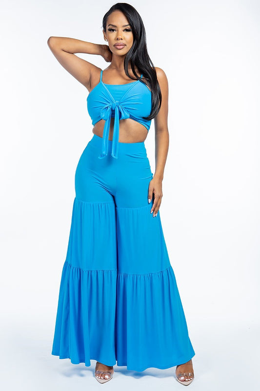 Women's Solid Tie Front Spaghetti Strap Tank Top And Tiered Wide Leg Pants Two Piece Set