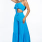 Women's Solid Tie Front Spaghetti Strap Tank Top And Tiered Wide Leg Pants Two Piece Set