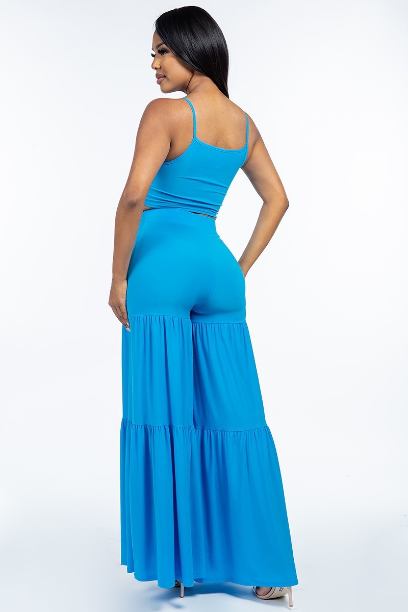Women's Solid Tie Front Spaghetti Strap Tank Top And Tiered Wide Leg Pants Two Piece Set