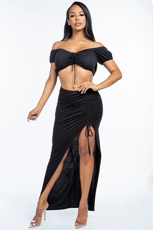 Women's Solid Ruched Front Off The Shoulder Short Sleeve Cropped Top And Side Ruched Asymmetrical Skirt Two Piece Set