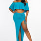 Women's Solid Off The Shoulder Ruffled Cropped Top And Ruched Maxi Skirt Two Piece Set