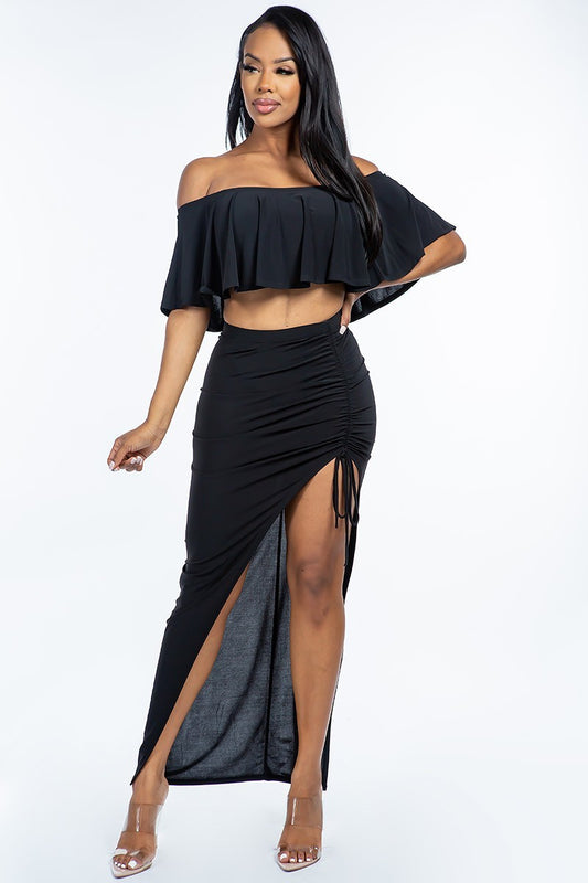 Women's Solid Off The Shoulder Ruffled Cropped Top And Ruched Maxi Skirt Two Piece Set