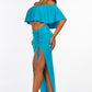 Women's Solid Off The Shoulder Ruffled Cropped Top And Ruched Maxi Skirt Two Piece Set