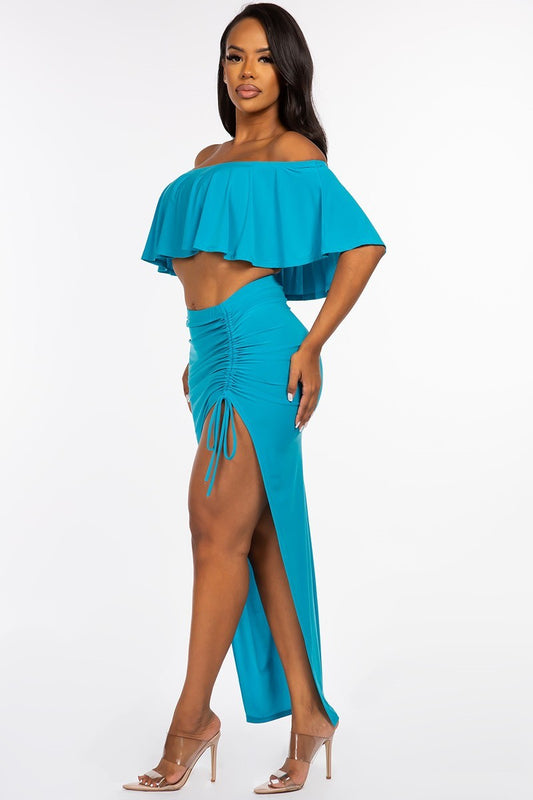 Women's Solid Off The Shoulder Ruffled Cropped Top And Ruched Maxi Skirt Two Piece Set