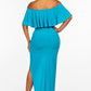 Women's Solid Off The Shoulder Ruffled Cropped Top And Ruched Maxi Skirt Two Piece Set