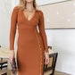 Women's Knit Ribbed Button Up Detail Collared Long Sleeve Midi Dress