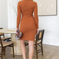 Women's Knit Ribbed Button Up Detail Collared Long Sleeve Midi Dress