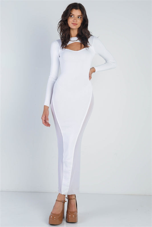Women's Cutout Bust Mesh Side Detail Long Sleeve Dress