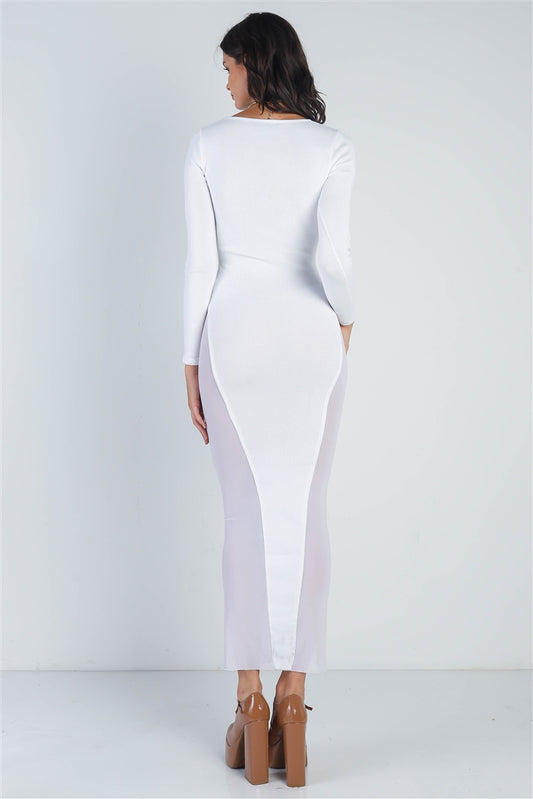Women's Cutout Bust Mesh Side Detail Long Sleeve Dress