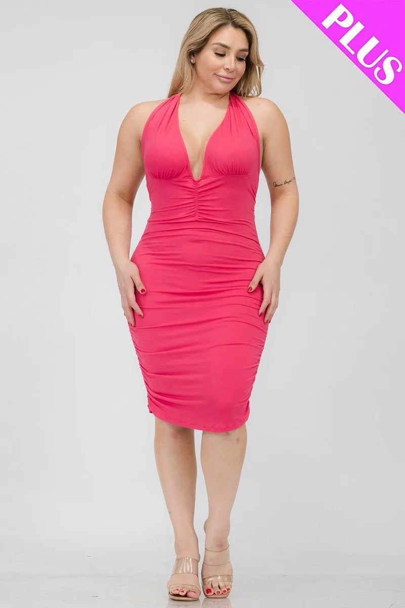 Women's Plus Plunging Neck Crisscross Back Ruched Bodycon Mini Dress