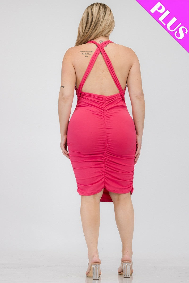 Women's Plus Plunging Neck Crisscross Back Ruched Bodycon Mini Dress