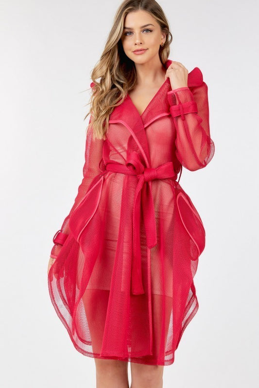 Women's Side Tacking Waist Tie Mesh Coat