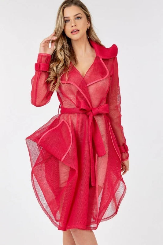 Women's Side Tacking Waist Tie Mesh Coat