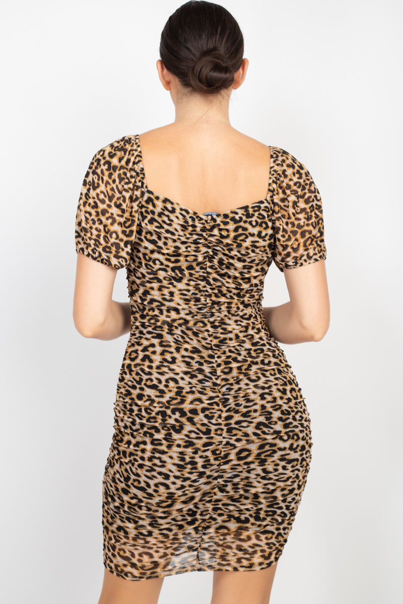 Women's Ruched Leopard Print Bodycon Mini Dress
