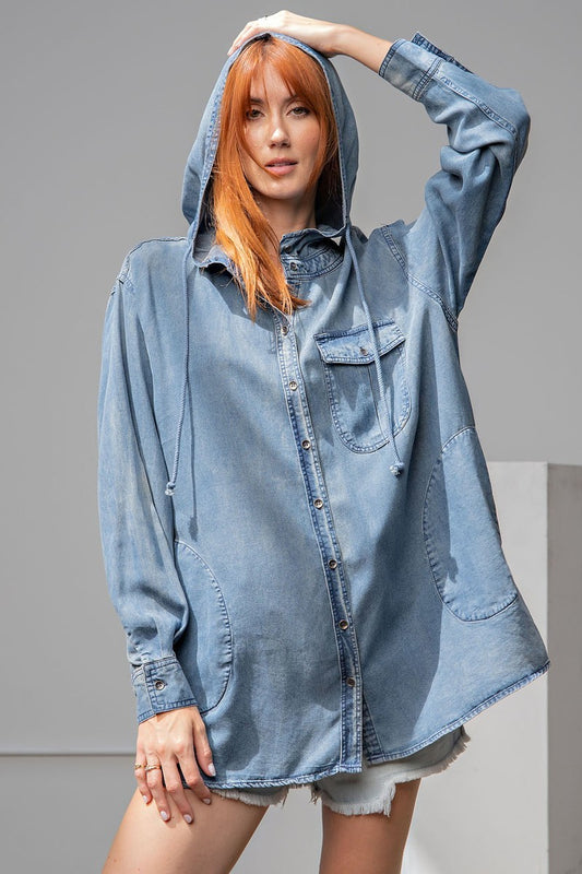 Women's Washed Drawstring Hood Loose Fit Denim Shirt Jacket