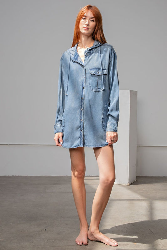 Women's Washed Drawstring Hood Loose Fit Denim Shirt Jacket