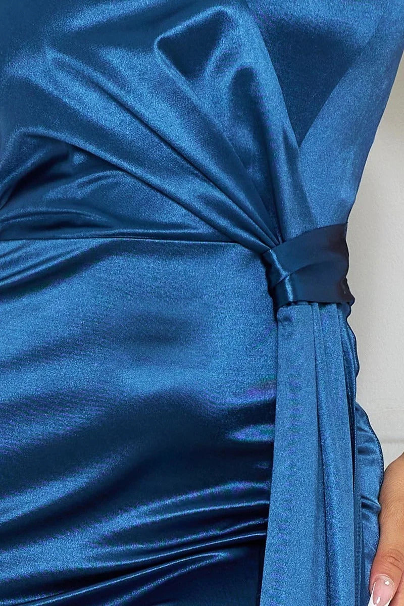 Women's Royal Blue Satin One Shoulder Pleated Draped Side Maxi Dress (M Only)