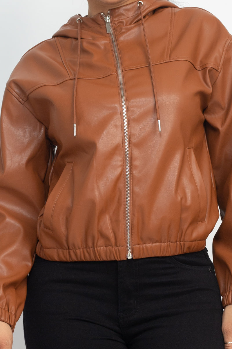 Women's Faux Leather Hoodie Jacket