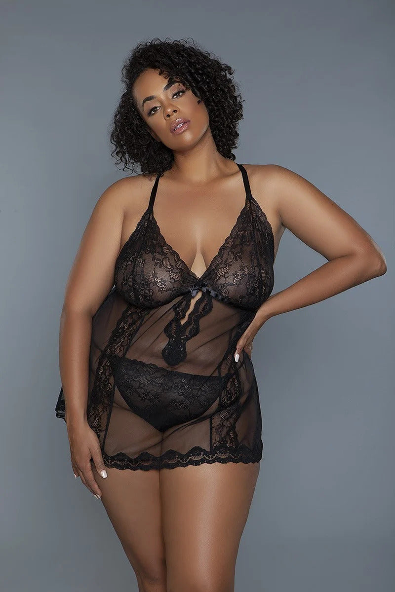 Women's 2 Pc Unlined Lace Cups Babydoll Sheer Mesh And Lace Front Panels Design