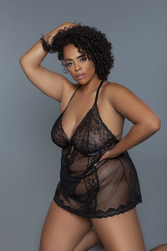 Women's 2 Pc Unlined Lace Cups Babydoll Sheer Mesh And Lace Front Panels Design
