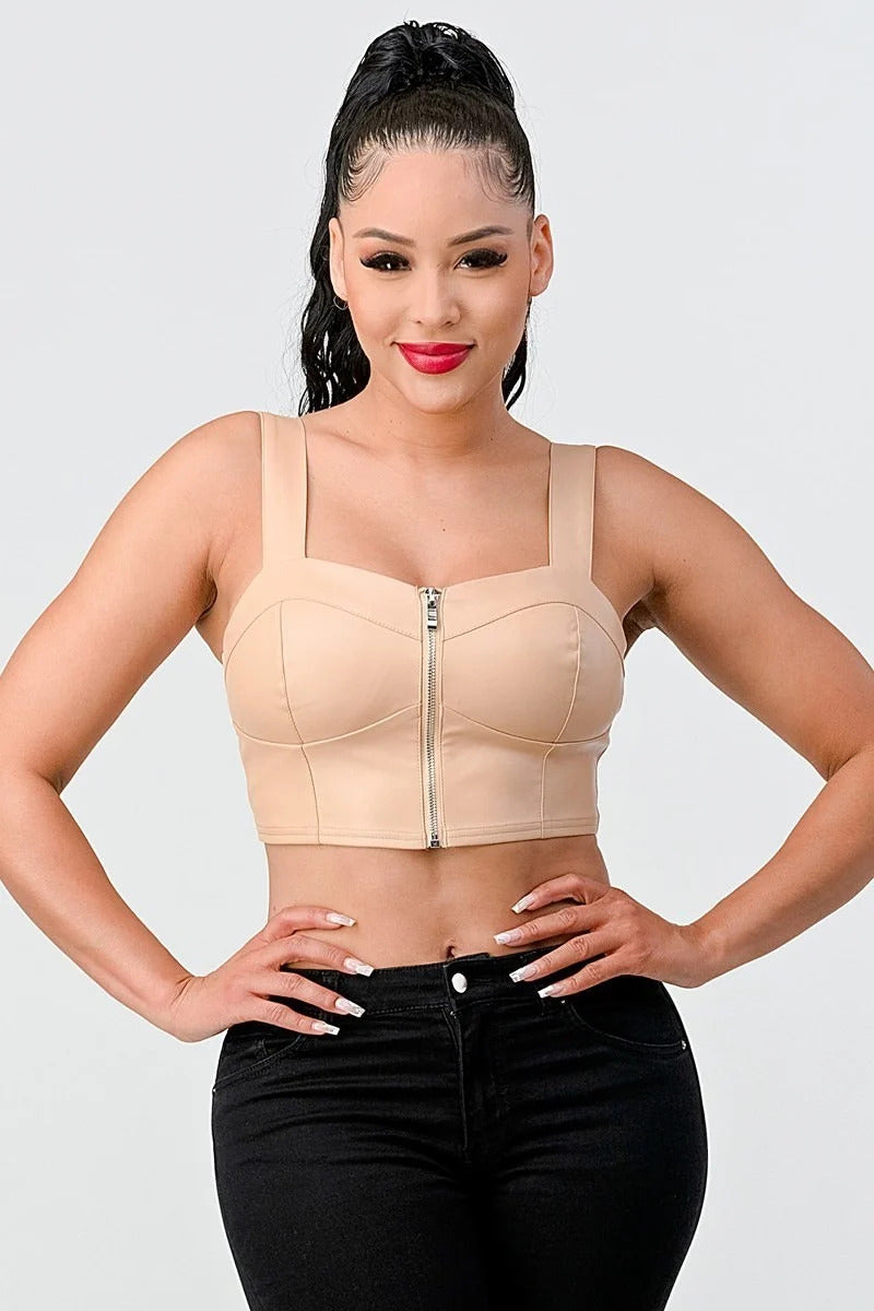 Women's Lux Faux Leather Pu Zip-up Strap Sleeveless Cropped Top