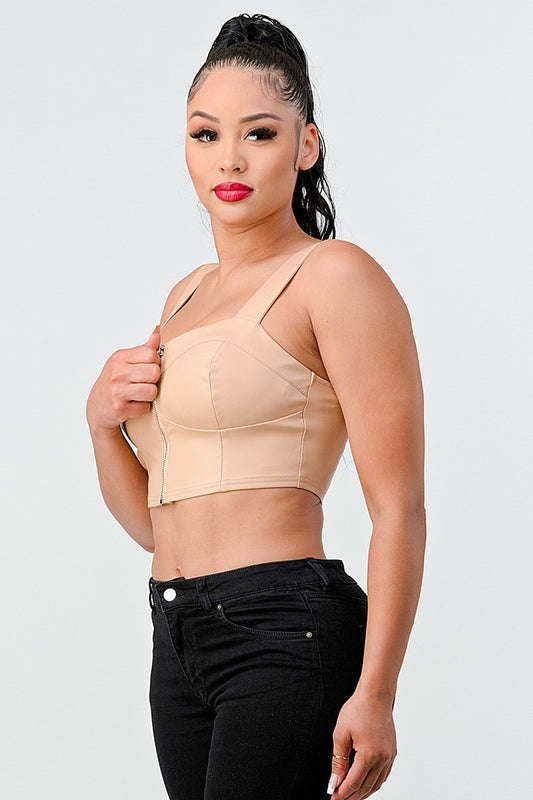 Women's Lux Faux Leather Pu Zip-up Strap Sleeveless Cropped Top