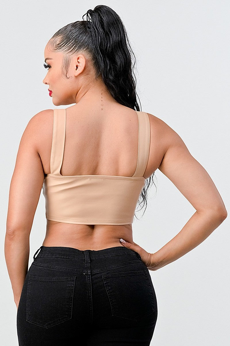 Women's Lux Faux Leather Pu Zip-up Strap Sleeveless Cropped Top